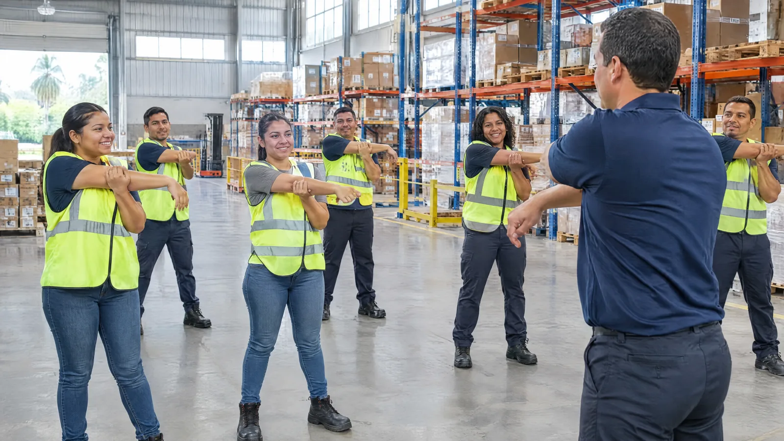 THA instructor leading stretches with a distribution center team