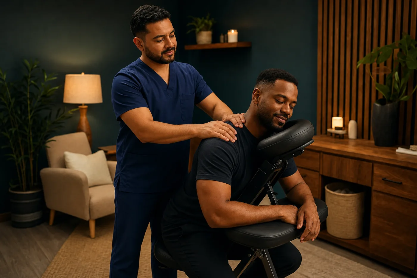 Male THA aesthetician providing a relaxing shoulder and back massage