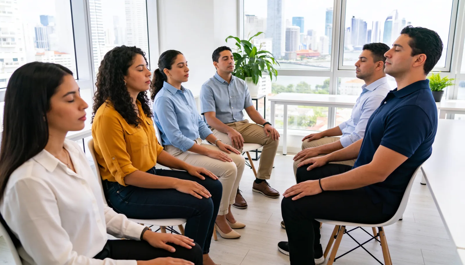 Team seated in a circle breathing with eyes closed at their office