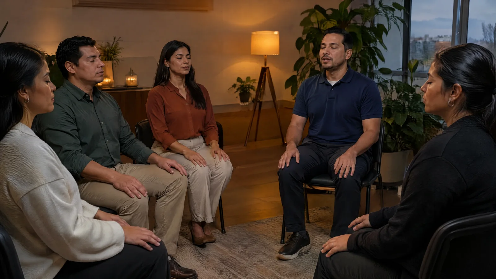 Group seated in a circle during a mindfulness session led by THA