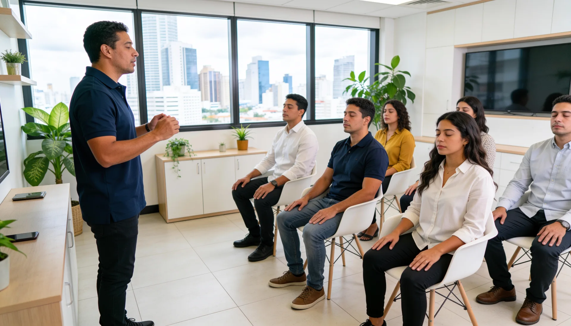 THA instructor guiding a seated team through an eyes-closed breathing practice