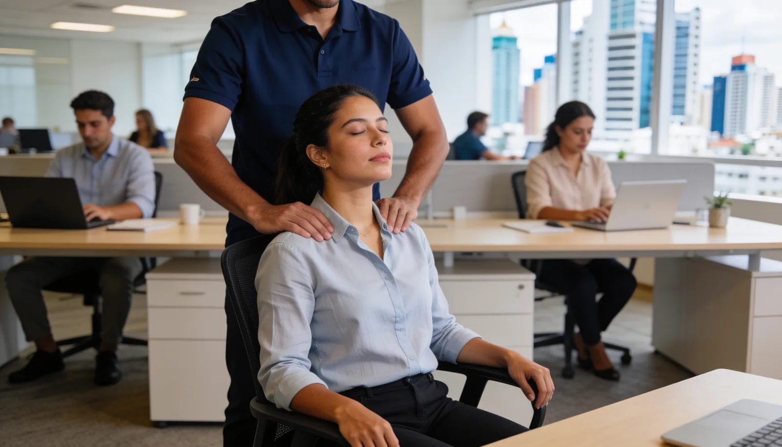 Relaxed employee receiving a shoulder massage at the office