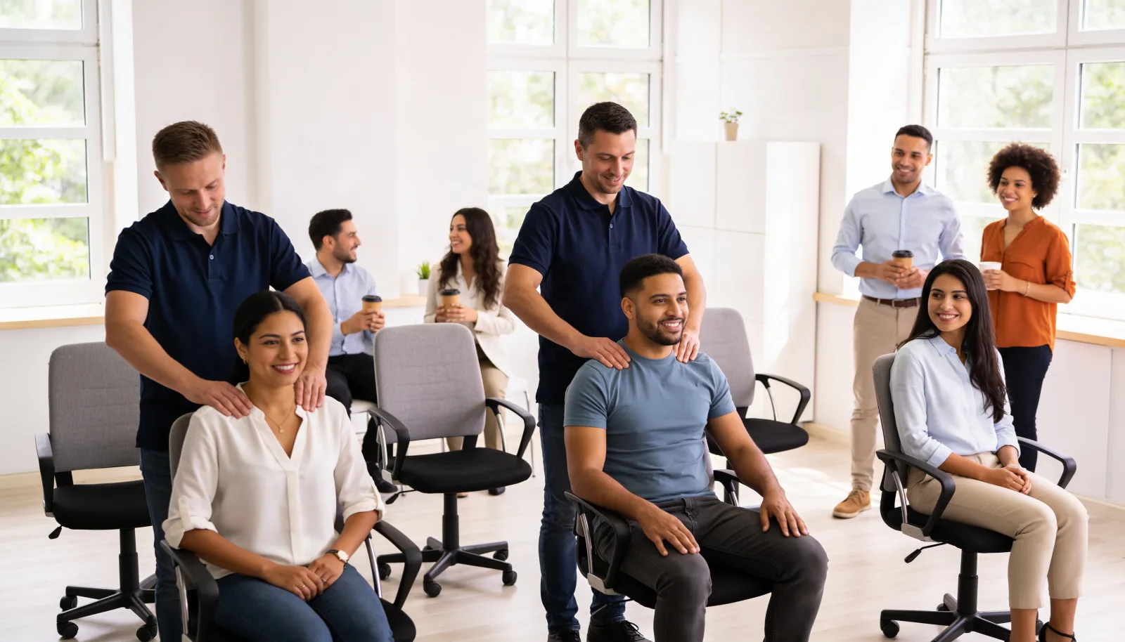 Two THA professionals giving chair massages to employees in a meeting room