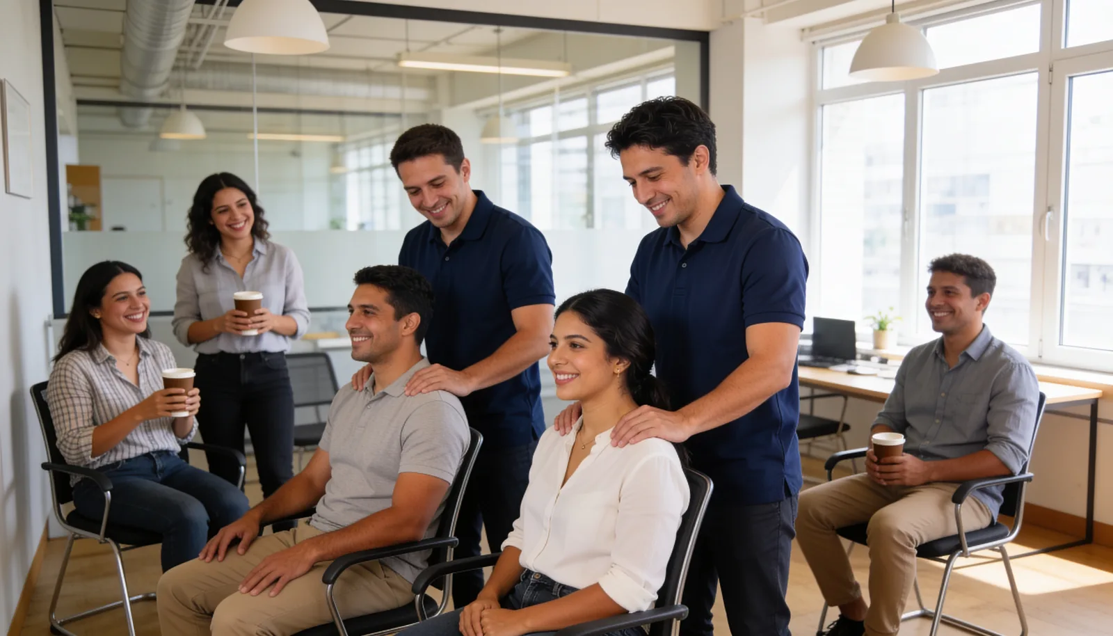 Employees waiting their turn with coffee while receiving chair massages