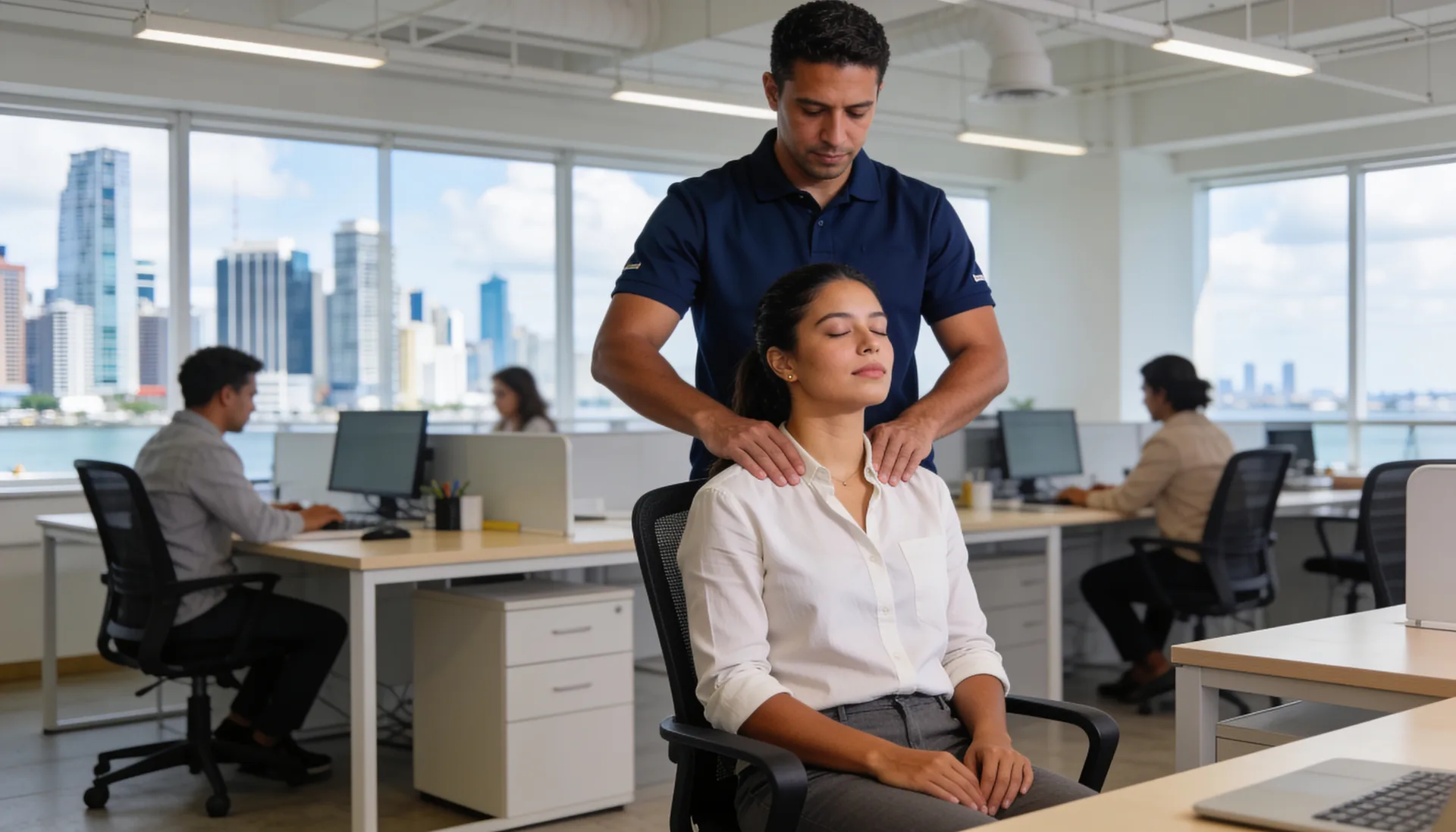 THA professional giving a seated shoulder massage to an employee at her office