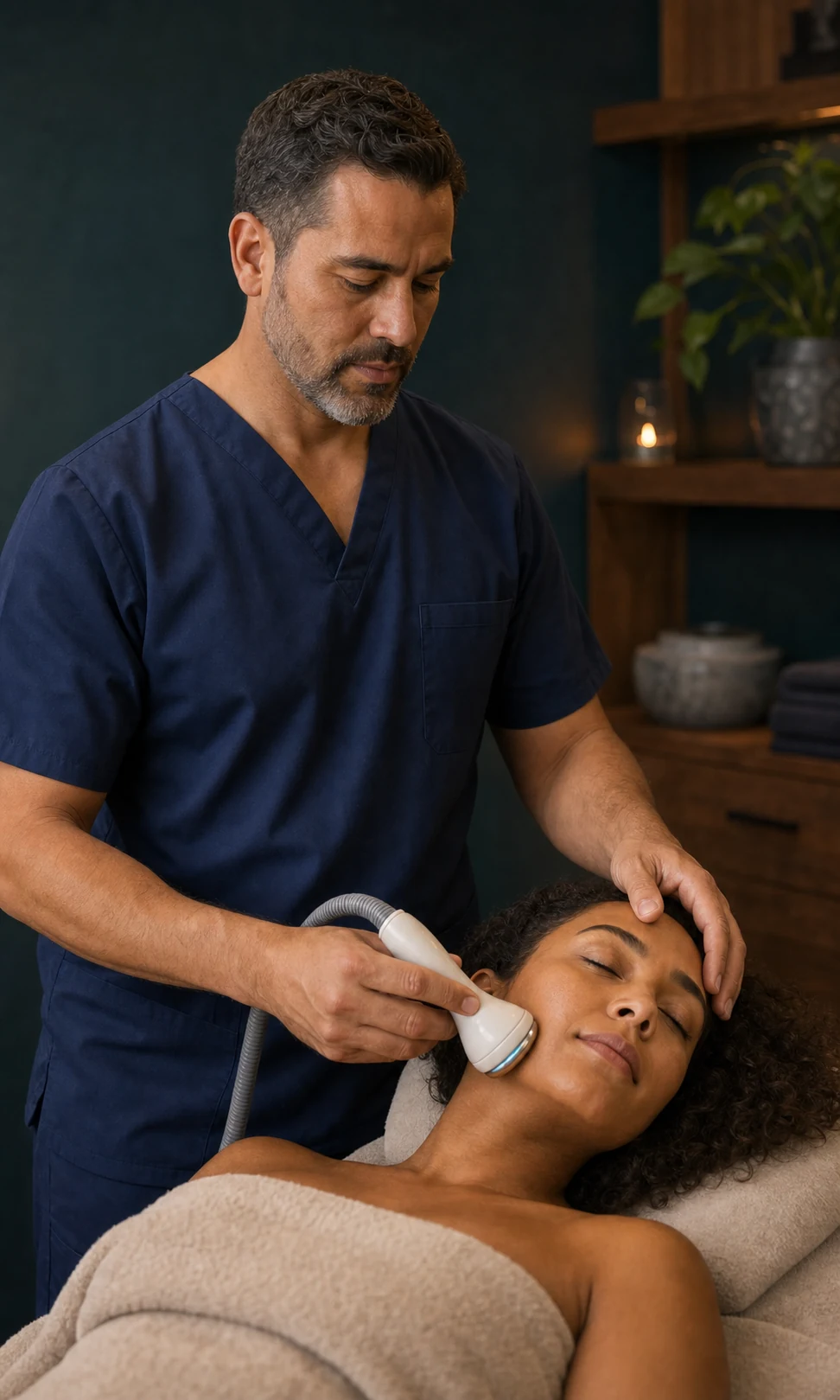 Esteticista hombre aplicando radiofrecuencia estética no invasiva en el rostro