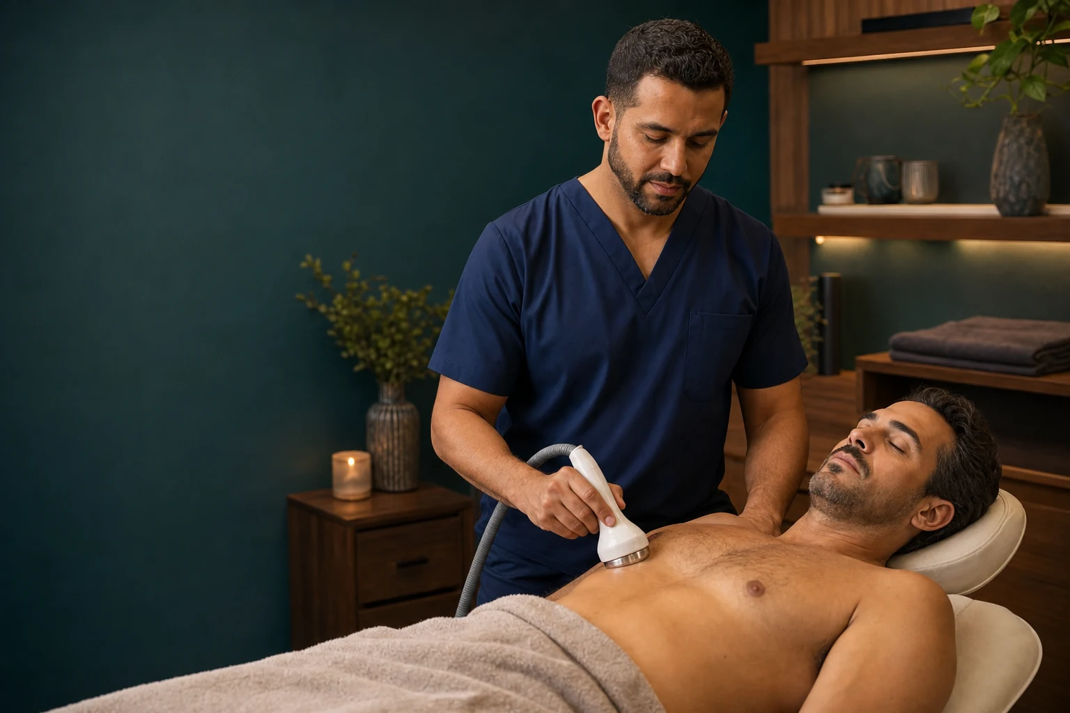 Esteticista hombre con scrub azul marino realizando radiofrecuencia no invasiva en el abdomen