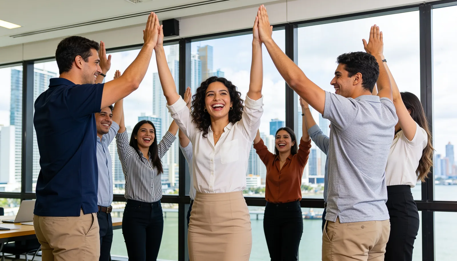 Employees raising their hands together by a large window