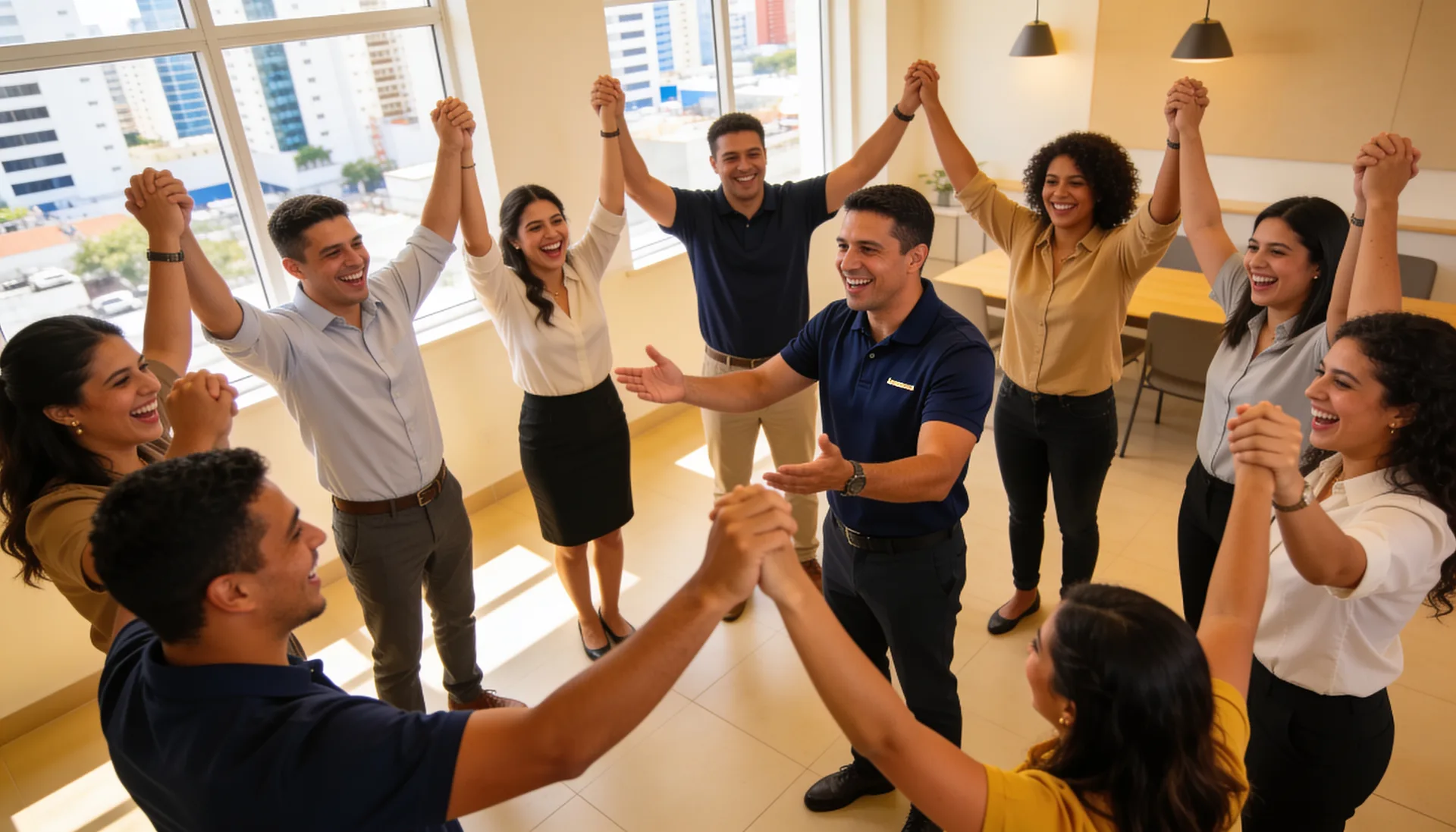 Office team laughing during a cooperative team building activity led by a THA instructor
