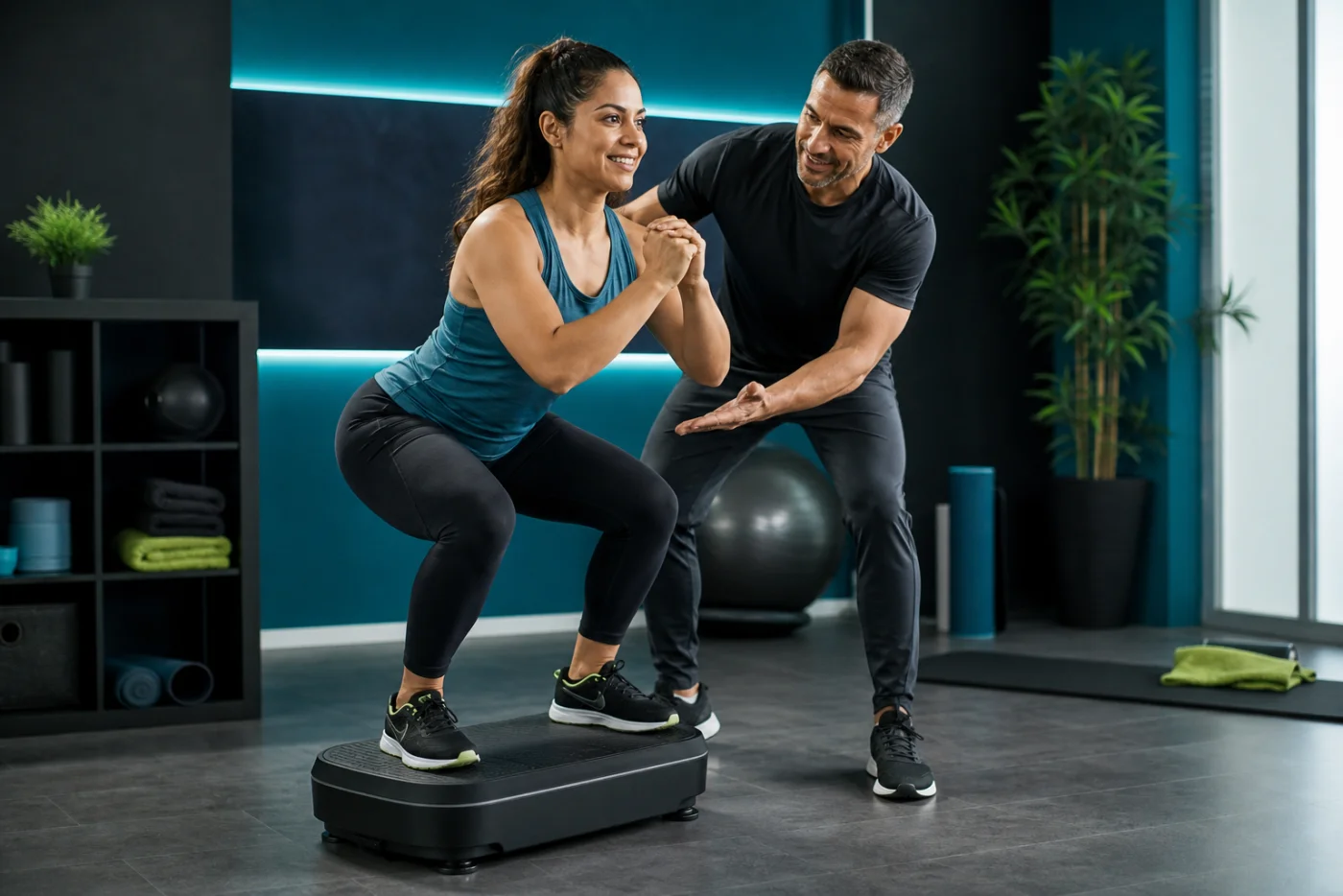 Certified trainer guiding an exercise on a vibration platform